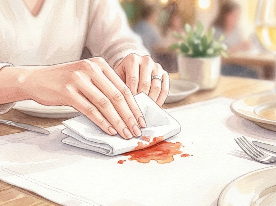 外食時に服にミートソースが飛んだ際、ティッシュペーパーを使って汚れを移し取る正しい応急処置