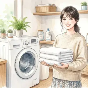 パナソニックのドラム式洗濯機の前で清潔なタオルを抱えて微笑む女性