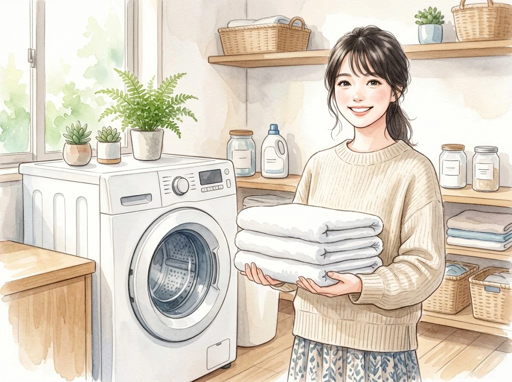 パナソニックのドラム式洗濯機の前で清潔なタオルを抱えて微笑む女性