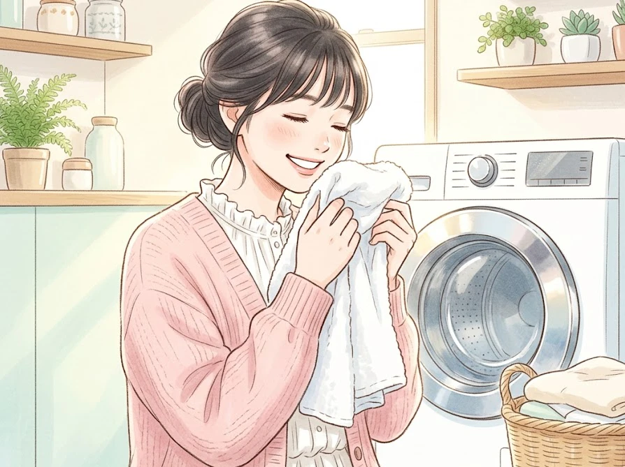 ダンパー修理が完了し、異音なく快適にドラム式洗濯機を使う笑顔の女性