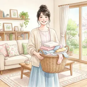 清潔な洗濯物が入ったカゴを持ち明るいリビングで微笑む女性。粉洗剤でカビを防ぐ快適な洗濯ライフを表現。
