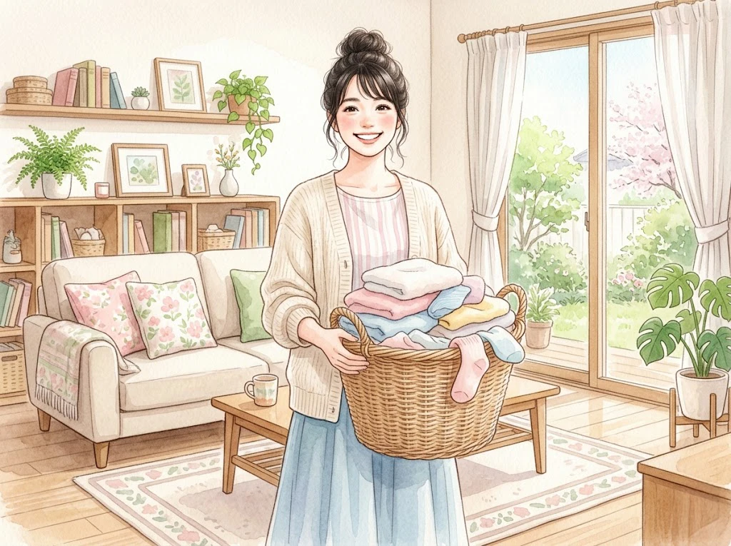 清潔な洗濯物が入ったカゴを持ち明るいリビングで微笑む女性。粉洗剤でカビを防ぐ快適な洗濯ライフを表現。