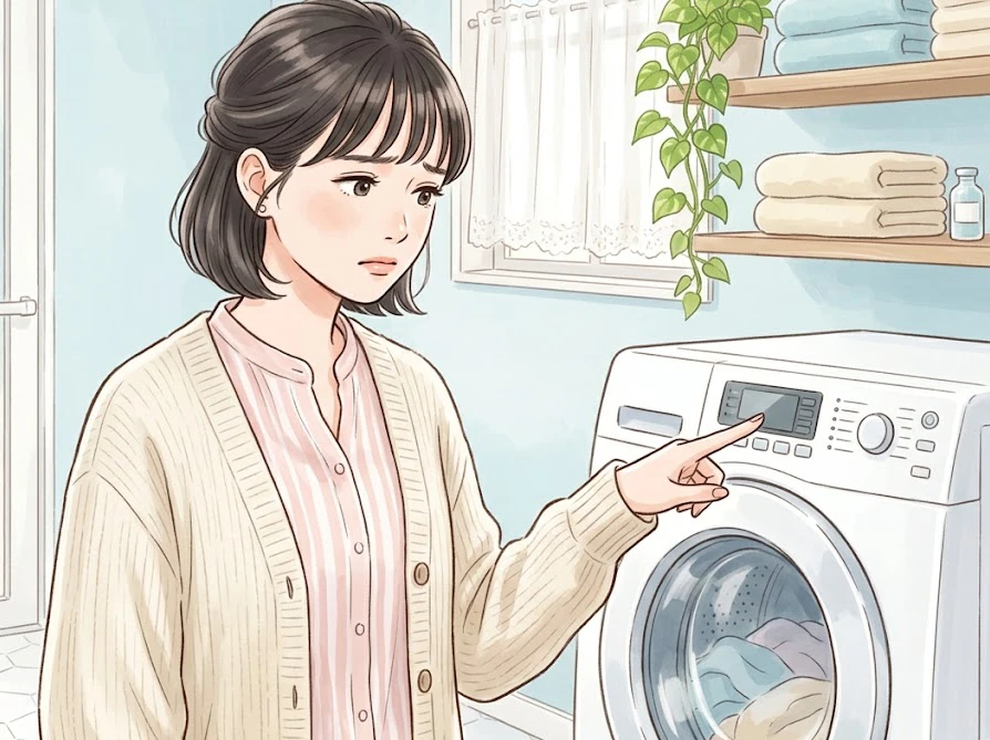 綺麗な洗面所で洗濯機を指差して不安そうな女性。粉洗剤による洗濯槽のカビ発生の真相と原因に悩む様子。