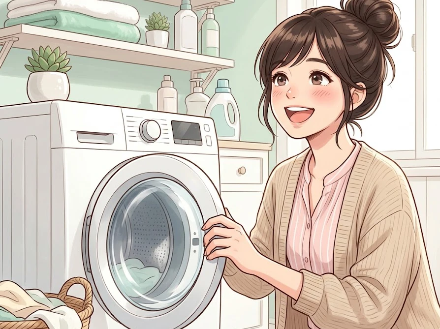 カビ予防のために洗濯が終わった洗濯機のフタを笑顔で開けて換気する女性。正しい使い方でリスクを軽減。
