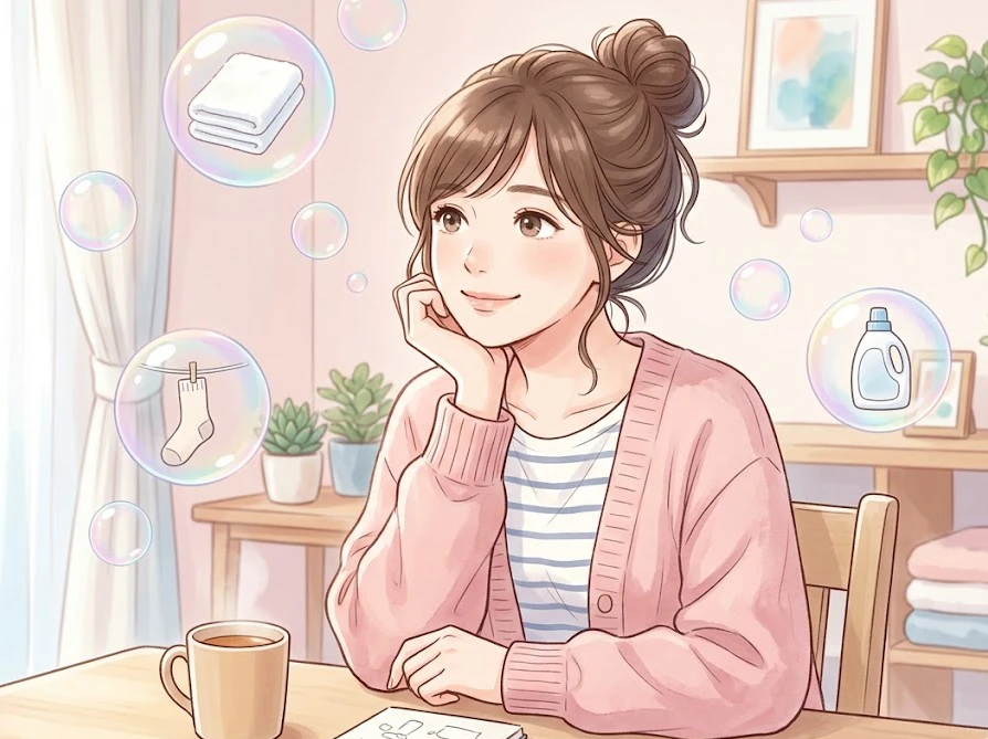 テーブルに座り快適な洗濯ライフについて前向きに考える女性。粉洗剤や洗濯槽のカビに関する疑問を解消。
