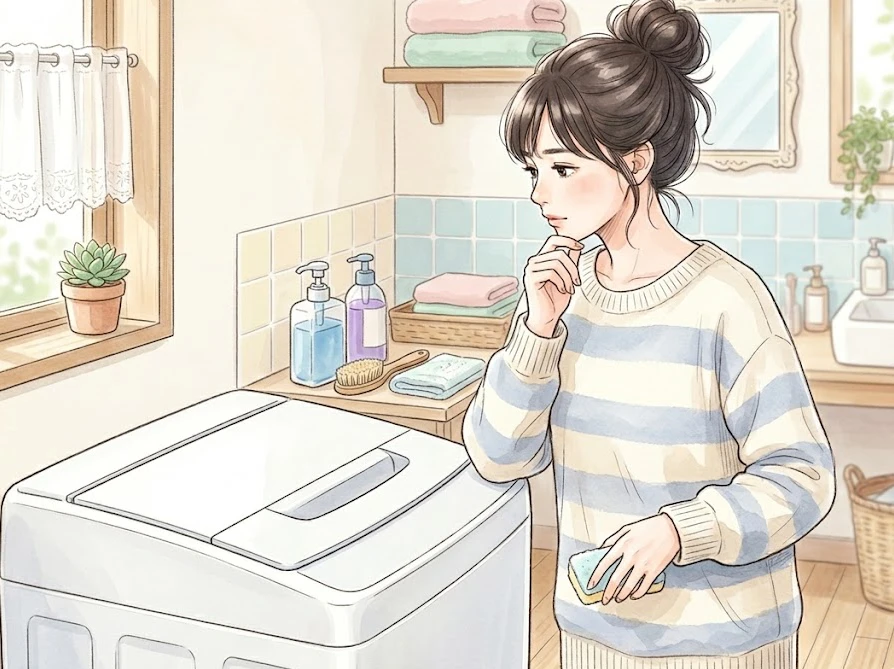 清潔な洗面所で縦型洗濯機を見つめながら分解洗浄について考える女性