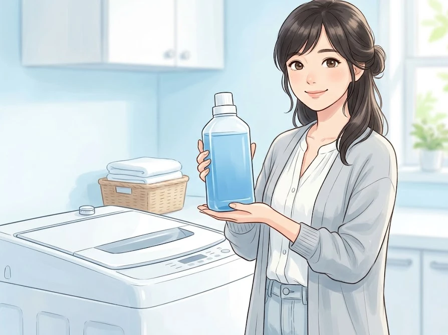 洗濯槽クリーナーを手に持ち定期的な分解洗浄と日常ケアを使い分ける女性