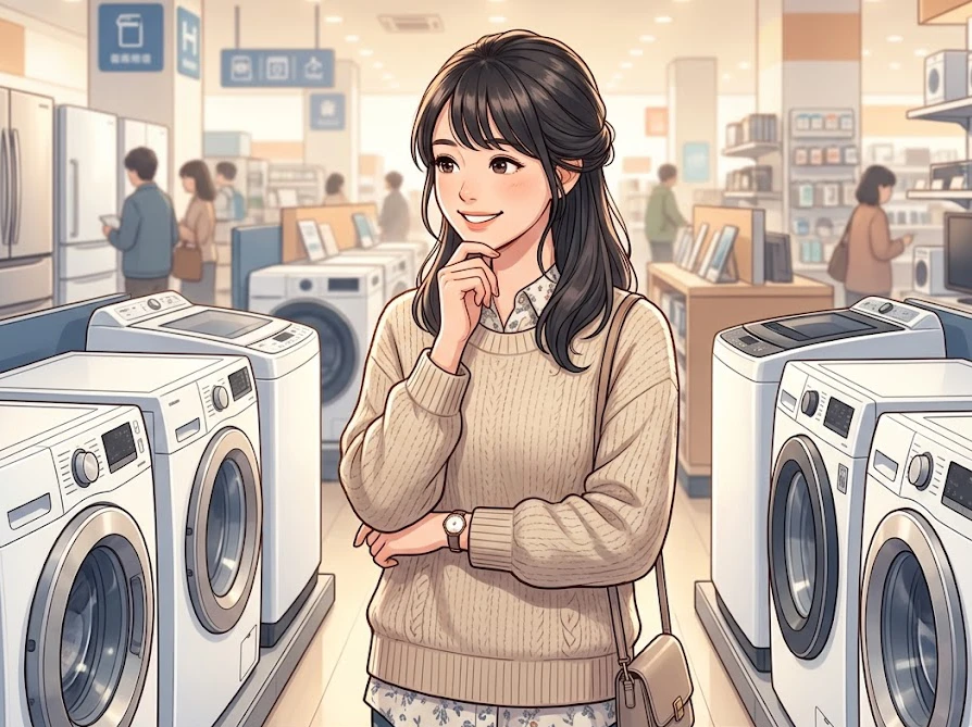 買い替え時に構造やメンテナンスのしやすさを確認して洗濯機を選ぶ女性