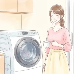 セスキ炭酸ソーダとドラム式洗濯機でお掃除をする笑顔の女性