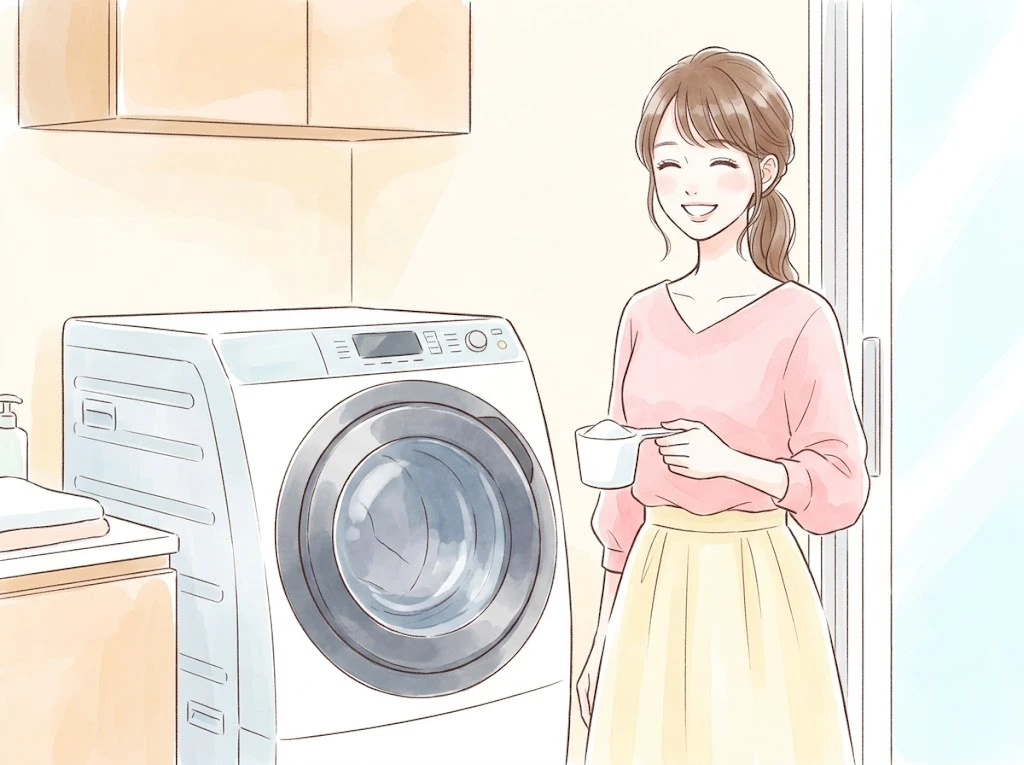 セスキ炭酸ソーダとドラム式洗濯機でお掃除をする笑顔の女性