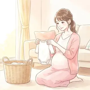 水通しに向けてベビー服を準備している妊婦