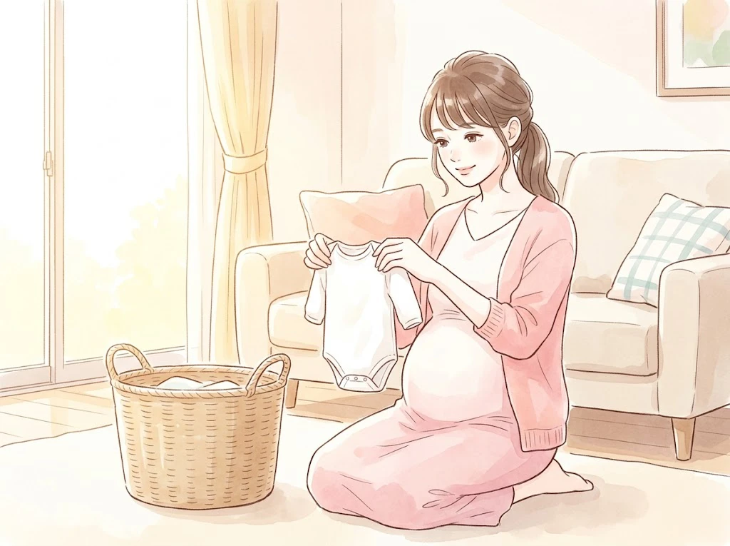 水通しに向けてベビー服を準備している妊婦