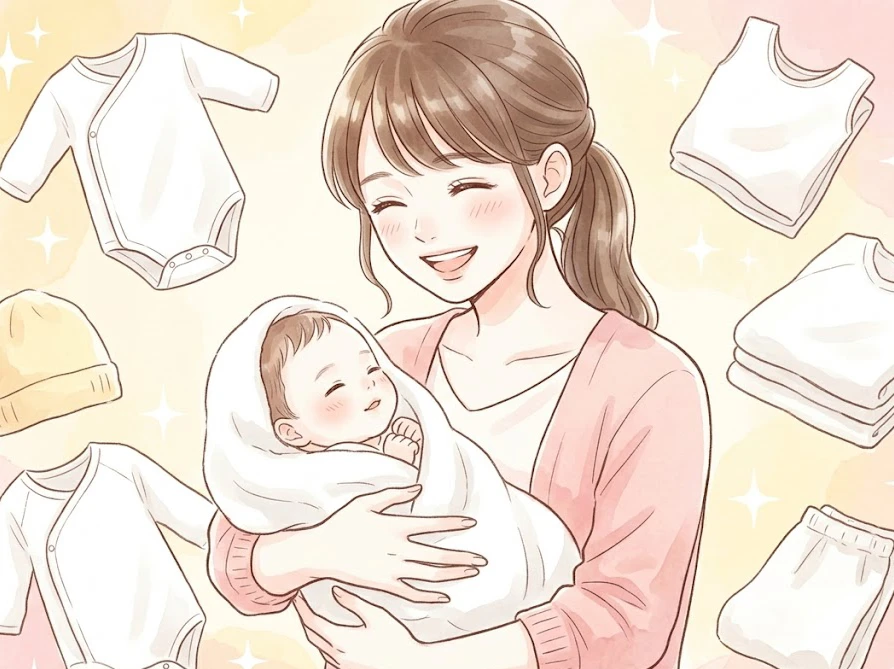 綺麗な肌着に包まれた赤ちゃんと笑顔の母親
