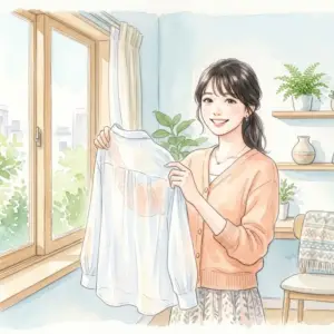 正しい洗濯方法でしわのない綺麗なシアーシャツを笑顔で持つ女性