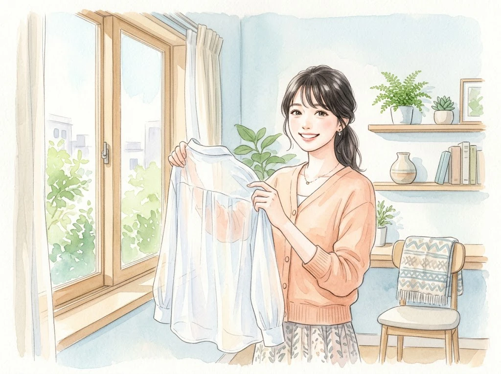 正しい洗濯方法でしわのない綺麗なシアーシャツを笑顔で持つ女性
