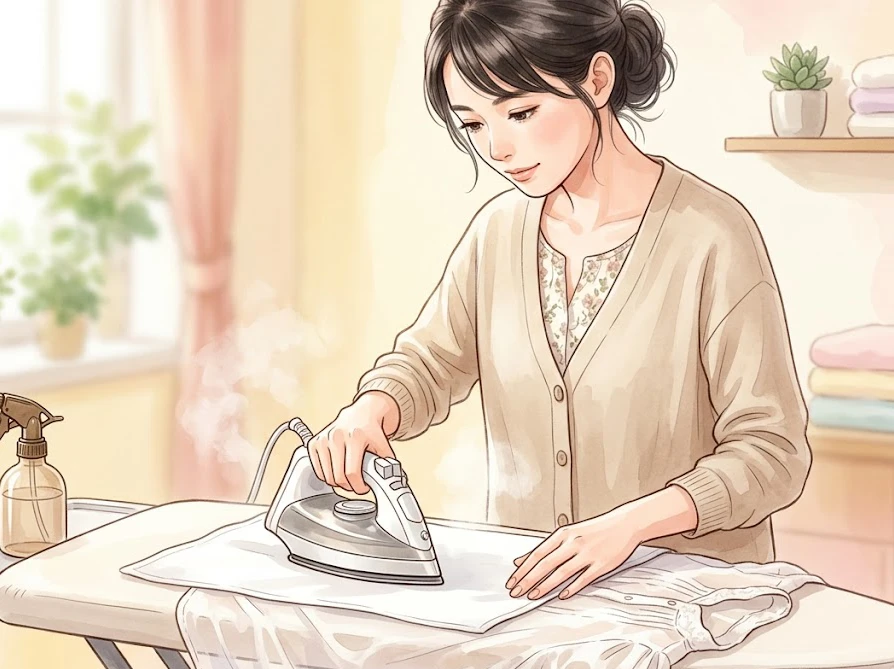 テカリを防ぐために当て布をして低温アイロンでシアーシャツのしわを取る様子