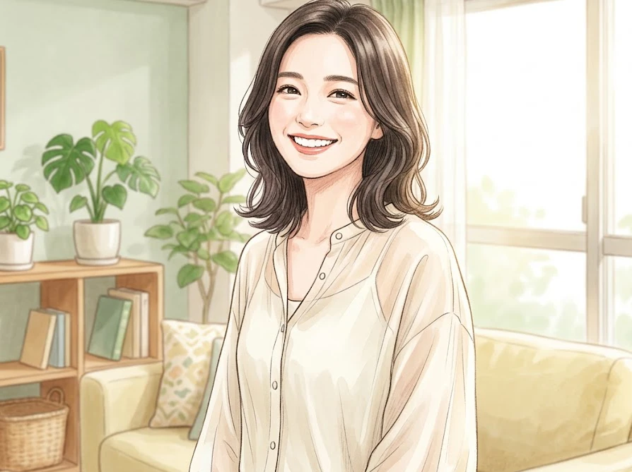 正しい洗濯としわ対策でふんわり綺麗に仕上がったシアーシャツを着て喜ぶ女性