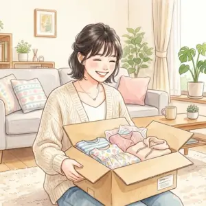 海外通販のダンボールを開けて笑顔の女性