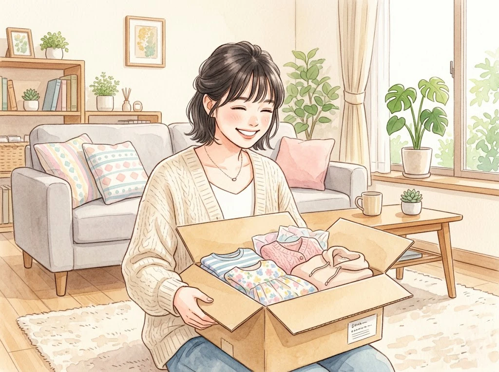 海外通販のダンボールを開けて笑顔の女性