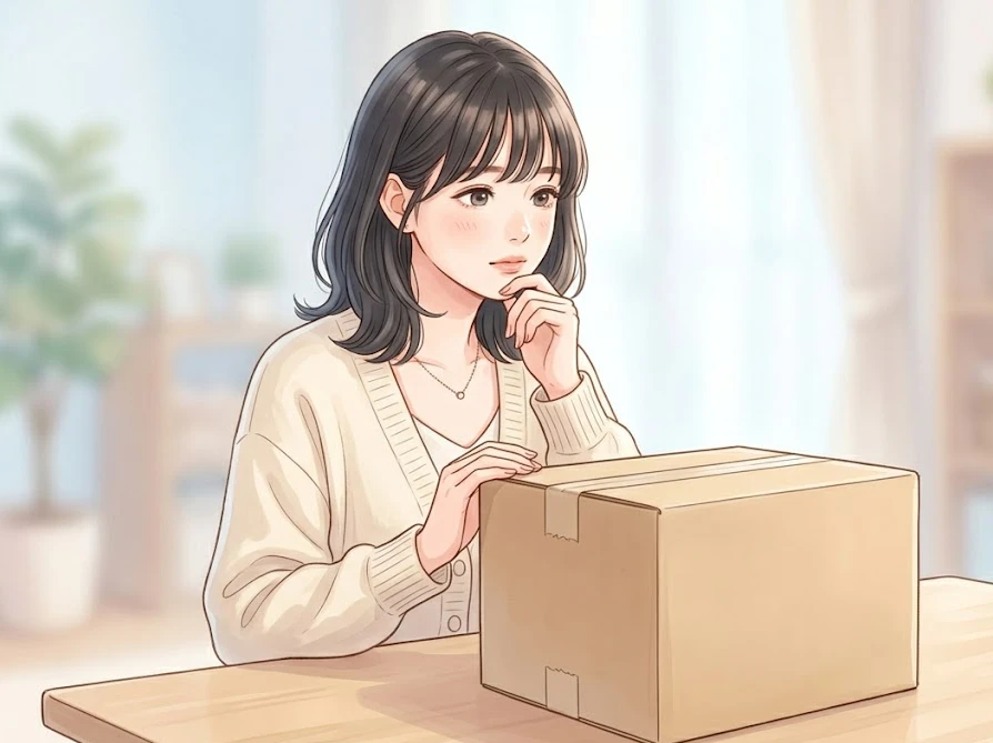 届いた海外通販のダンボールを見つめる女性