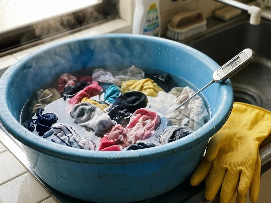 60度以上の熱湯を入れたタライで衣類をつけ置きする様子