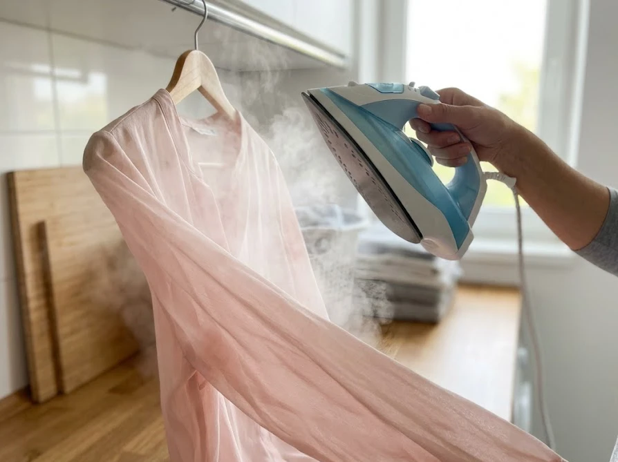 熱に弱い服から少し離してスチームアイロンを当てる様子