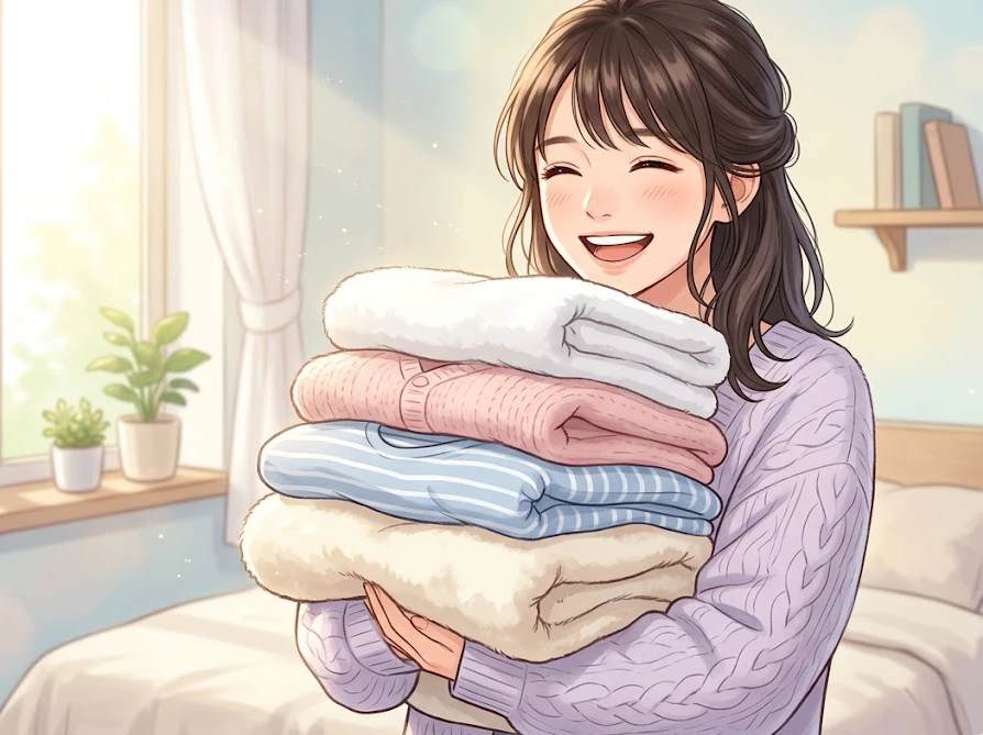 正しい洗濯手順で綺麗になった服を抱えて喜ぶ女性