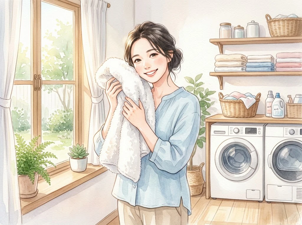 柔軟剤の匂いや洗濯の悩みを解決し、快適な毎日を過ごす女性の姿