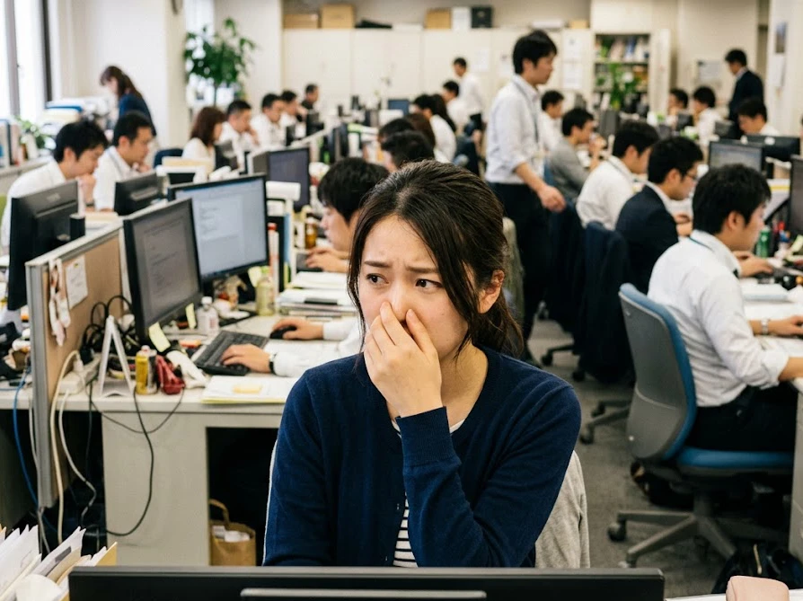 職場で他人の柔軟剤の匂いがきつくて頭痛や香害に悩む女性