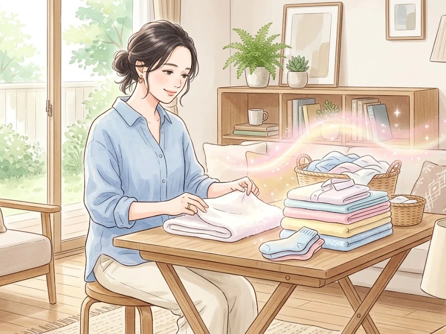 良い匂いと思われたい心理から丁寧に洗濯物をたたむ女性
