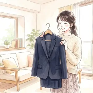 テカリのない綺麗なスーツを抱えて、明るい部屋で嬉しそうに微笑む女性