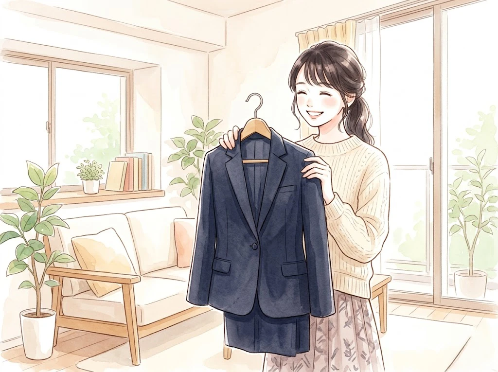 テカリのない綺麗なスーツを抱えて、明るい部屋で嬉しそうに微笑む女性