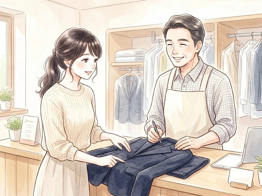 クリーニング専門店のカウンターで、スーツのテカリ直しを相談する女性