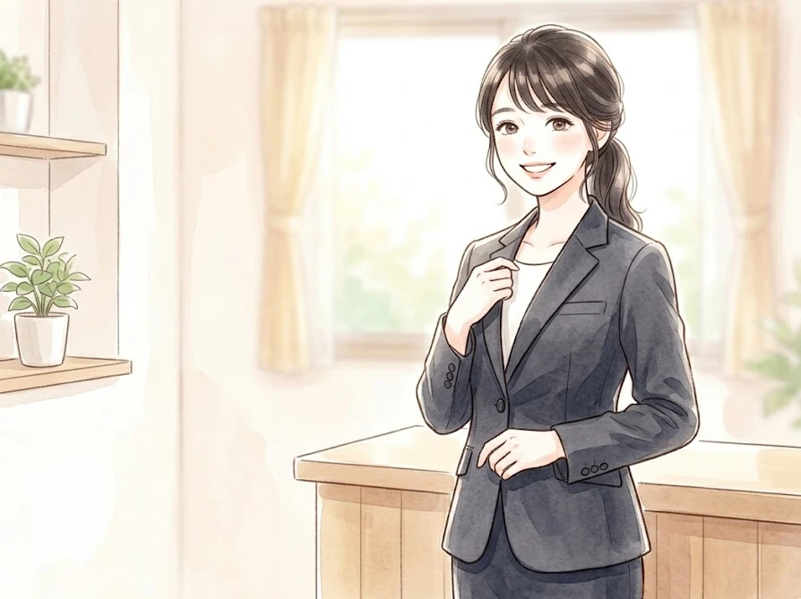 テカリが改善された清潔なスーツを着用し、自信を持って笑顔で立つ女性