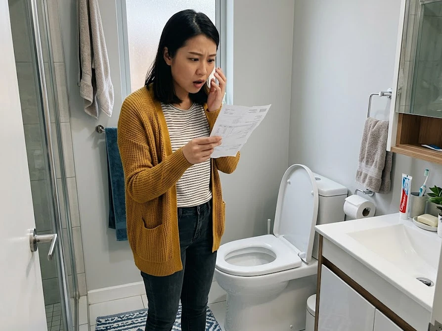 柔軟剤によるトイレの配管詰まりで水道業者から高額な修理費用を請求され驚く女性