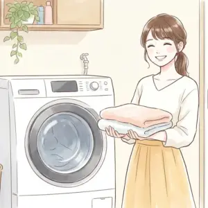 東芝ドラム式洗濯機のほこり掃除で清潔になったタオルと微笑む女性