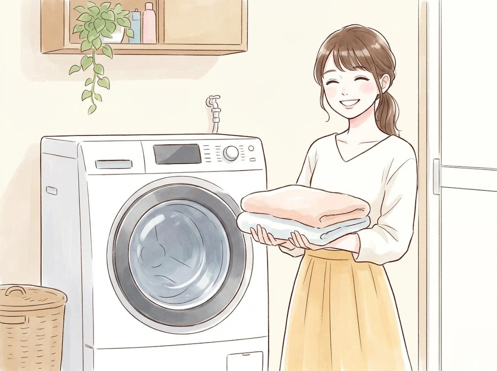 東芝ドラム式洗濯機のほこり掃除で清潔になったタオルと微笑む女性