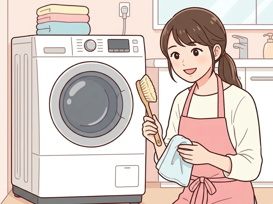 東芝ドラム式洗濯機のほこり掃除に向けて柔らかいブラシなどの道具を準備する様子