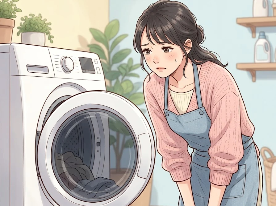 東芝ドラム式洗濯機のダクト奥のほこりが取れずに困っている様子の女性