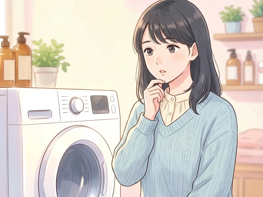 東芝ドラム式洗濯機のほこり掃除やお手入れの疑問について考える女性