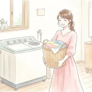 二層式洗濯機が回らないトラブルに備え笑顔で洗濯カゴを持つ女性