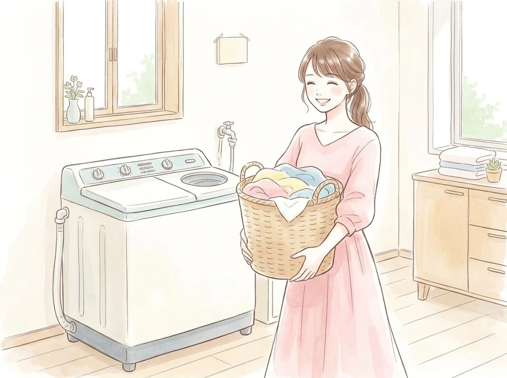 二層式洗濯機が回らないトラブルに備え笑顔で洗濯カゴを持つ女性