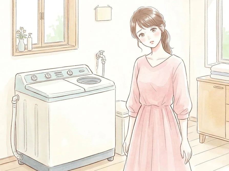 洗濯槽が回らない二層式洗濯機の前で原因を考えて首を傾げる女性