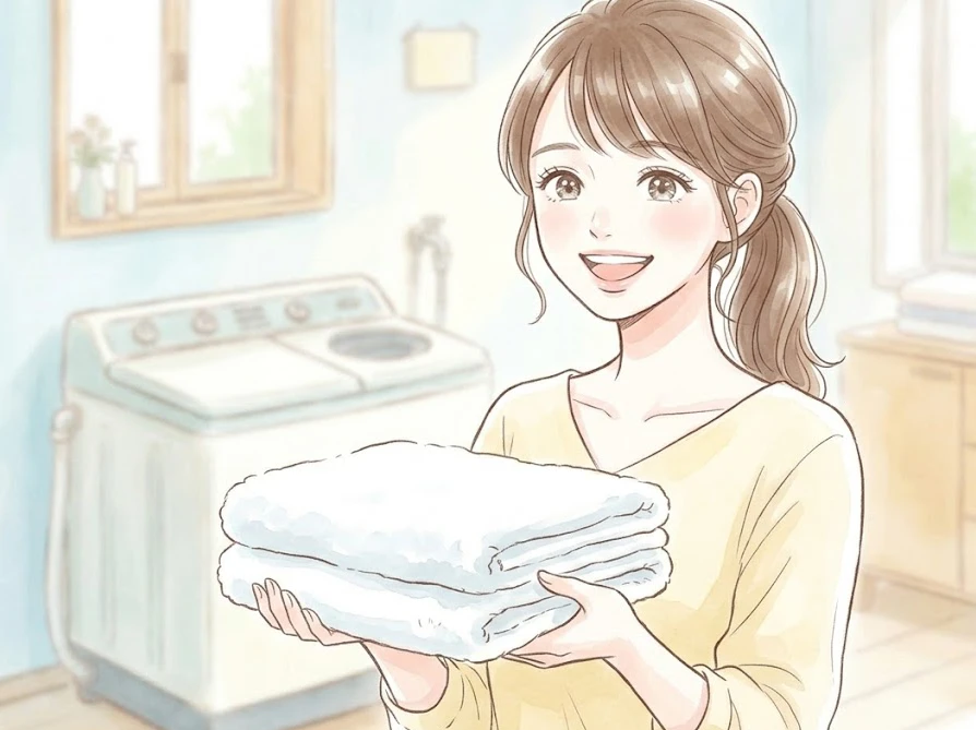 二層式洗濯機のよくある疑問が解決して明るい表情の女性と清潔なタオル