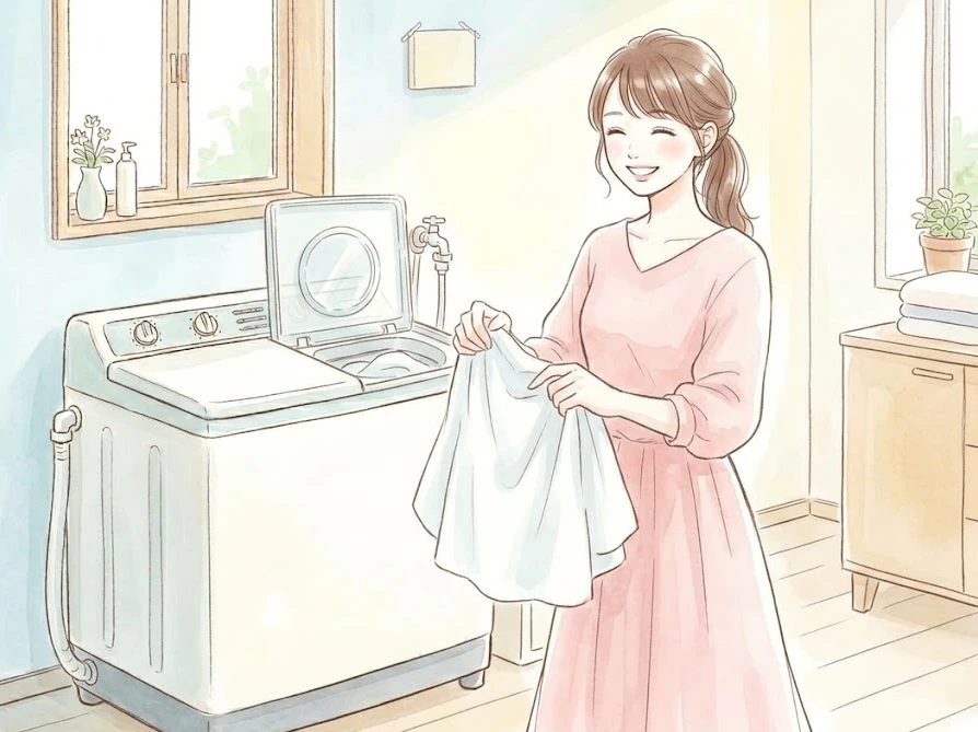 修理や買い替えで解決し二層式洗濯機から綺麗に洗えた衣類を取り出す笑顔の女性
