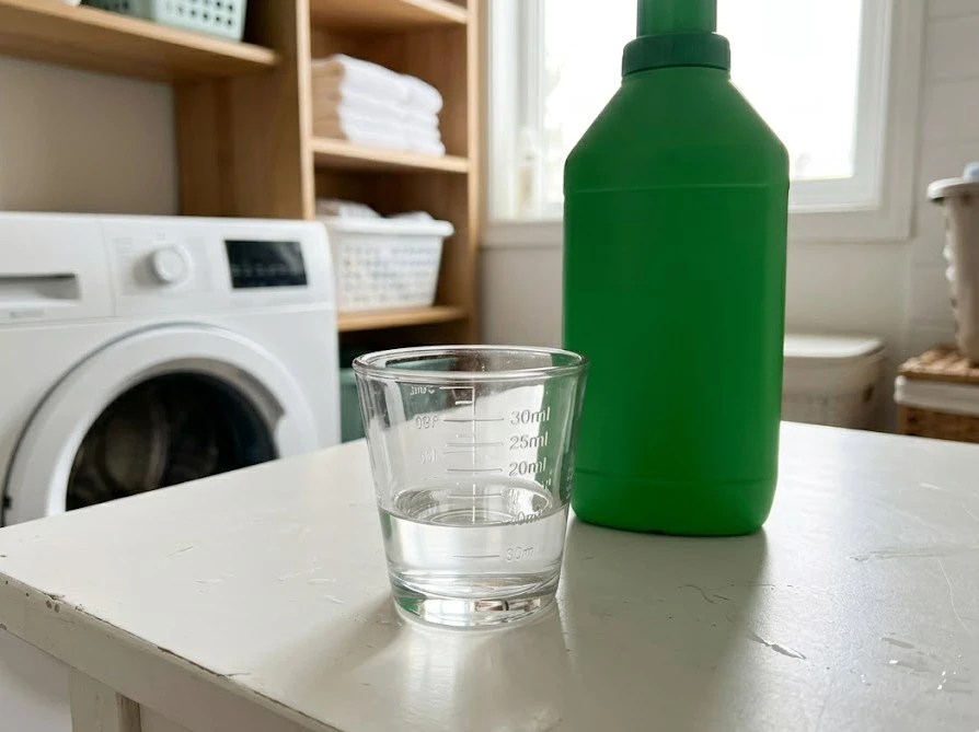 洗濯槽掃除に使うキッチンハイターを計量カップで正確に量る様子