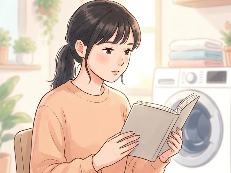 キッチンハイターで洗濯槽を掃除する前に取扱説明書を確認する女性