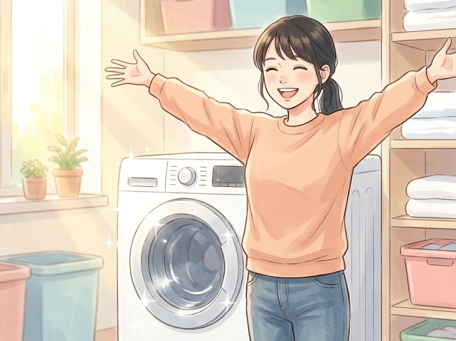 キッチンハイターで正しく掃除してピカピカになった洗濯槽と喜ぶ女性