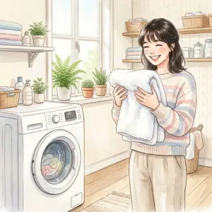 洗濯槽のワカメ汚れを落として綺麗なタオルを持ちながら笑顔を浮かべる女性