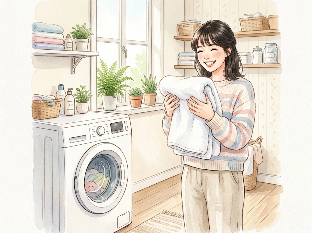 洗濯槽のワカメ汚れを落として綺麗なタオルを持ちながら笑顔を浮かべる女性